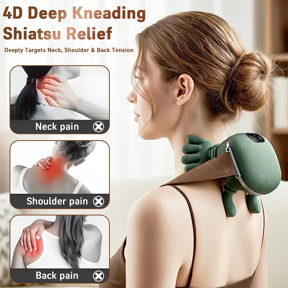 Heated Neck Massager-Wireless Portable Shiatsu Neck and Shoulder Deep Tissue 4D Kneading Massage Pillow for Muscle Relax Massage