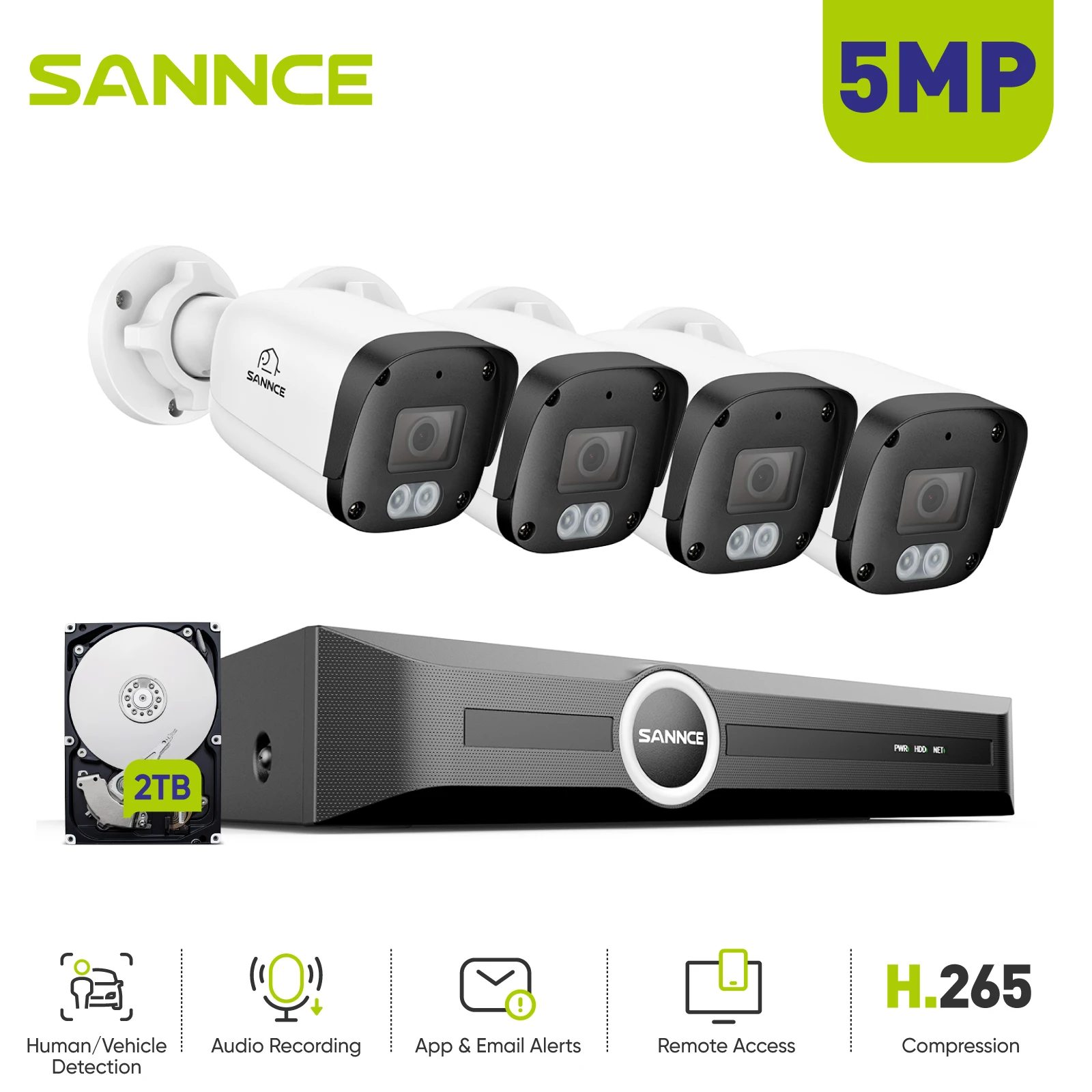 SANNCE 5MP Pixel Video Surveillance Network Kit 2.8MM Lens 8CH NVR Built-in Microphone Smart IR Night Vision Security System