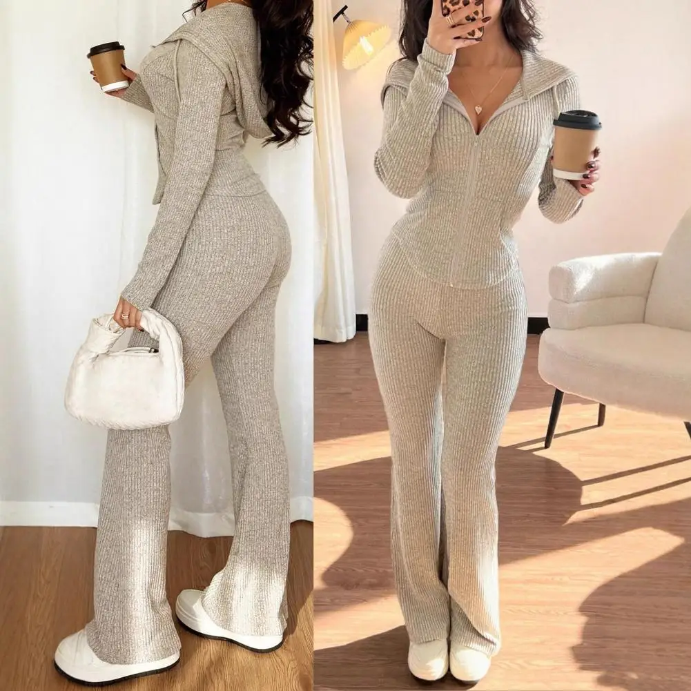Women's 2 Piece Sweatsuits Zip Up Hoodies And Bell Bottom Pants Ribbed Knit Outfits Sexy Bodycon Workout Tracksuits 여성 트랙스루트