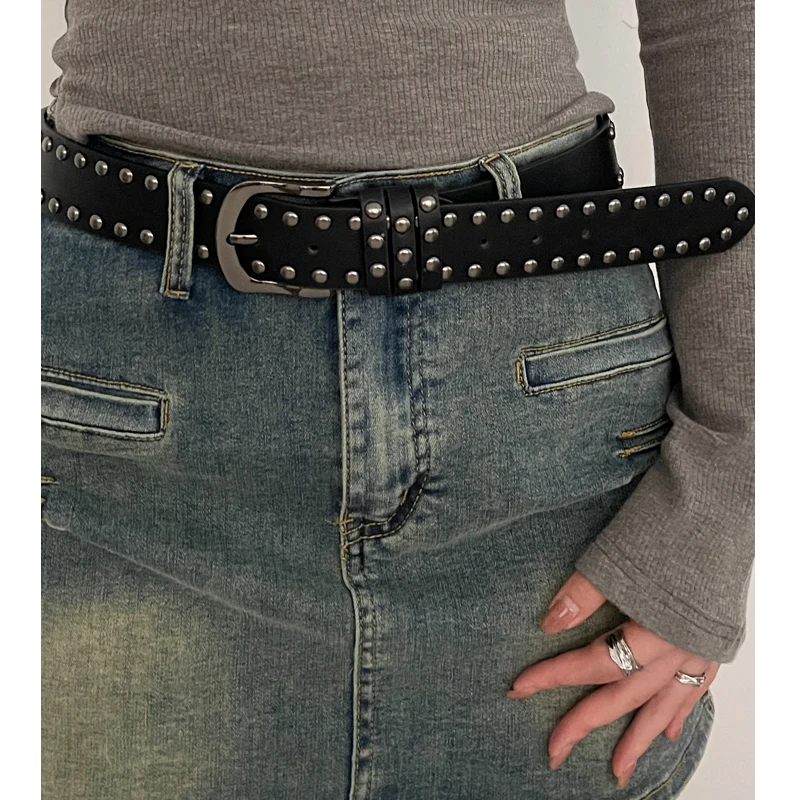 2026 New Women Belt Women's Jeans Tie-in Ladies' Belt Fashion Personality Rivet Belt Senior Black Fashion