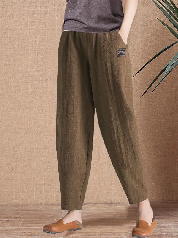 Pure Cotton Women's Summer Loose Fit Nine-Five Simulation Cotton Linen Elastic Waist Harem Pants Vintage Slimming Casual Trou...