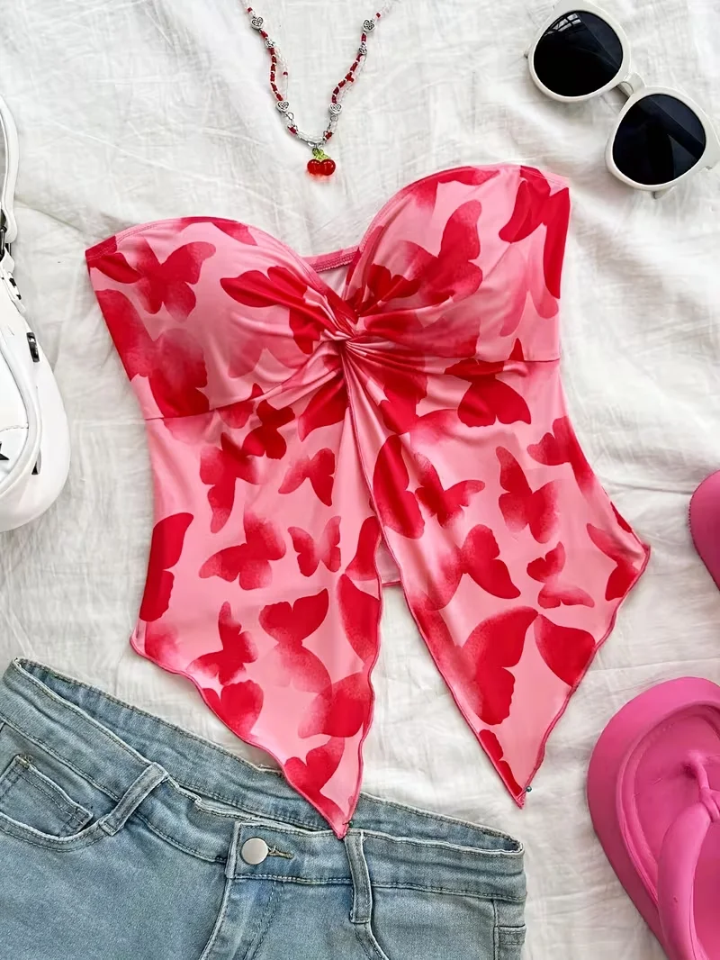 cropped top ，， Women's Summer Festival Butterfly Printed Tube Top