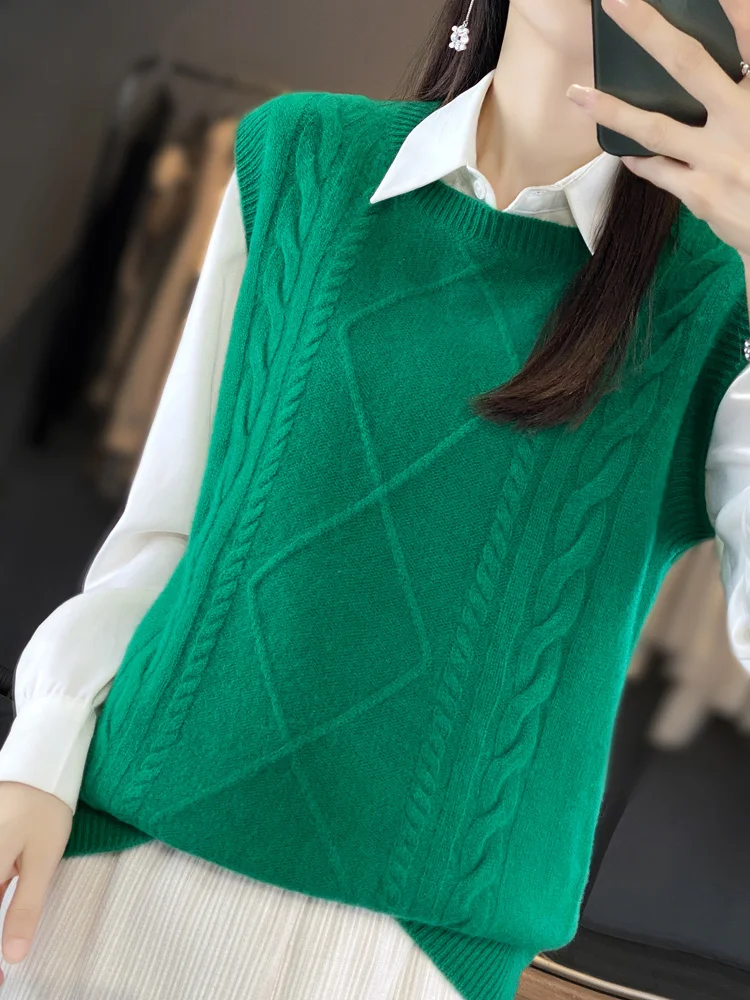 Spring Autumn 100% Merino Wool Women's O-Neck Pullover Vest Sleeveless Twist Flower Sweater Wool Knitwear Fashion Basic Tops