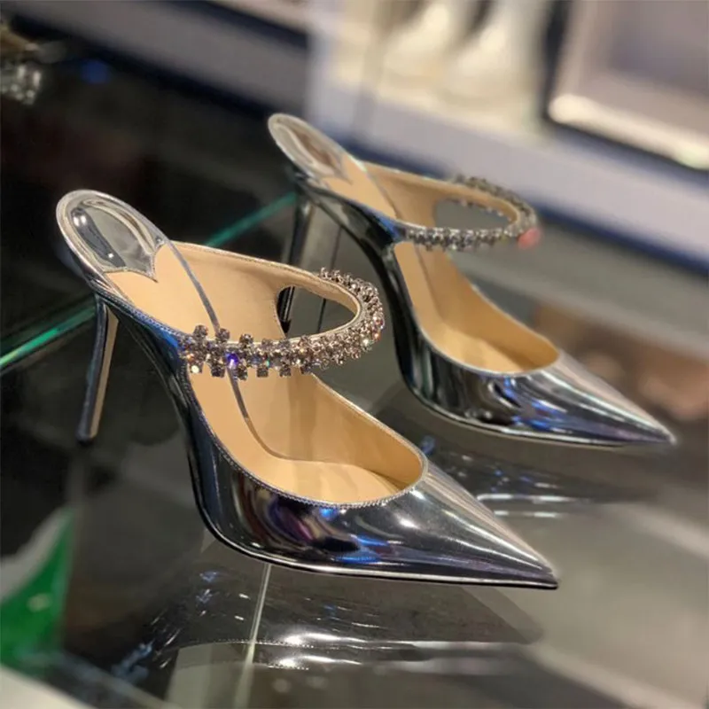 Celebrity French Pointed Toe Mules Women's New Summer Style with Rhinestones Patent Leather Toe Wrap Sandals