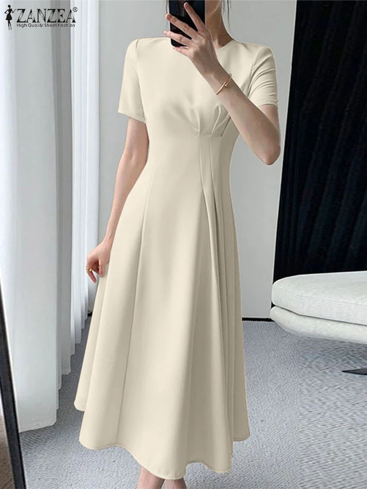 Fashion Office OL Dress ZANZEA Women 2025 Summer Dress Elegant Short Sleeve A Line Party Vestidos Stylish Work Midi Robe Femme
