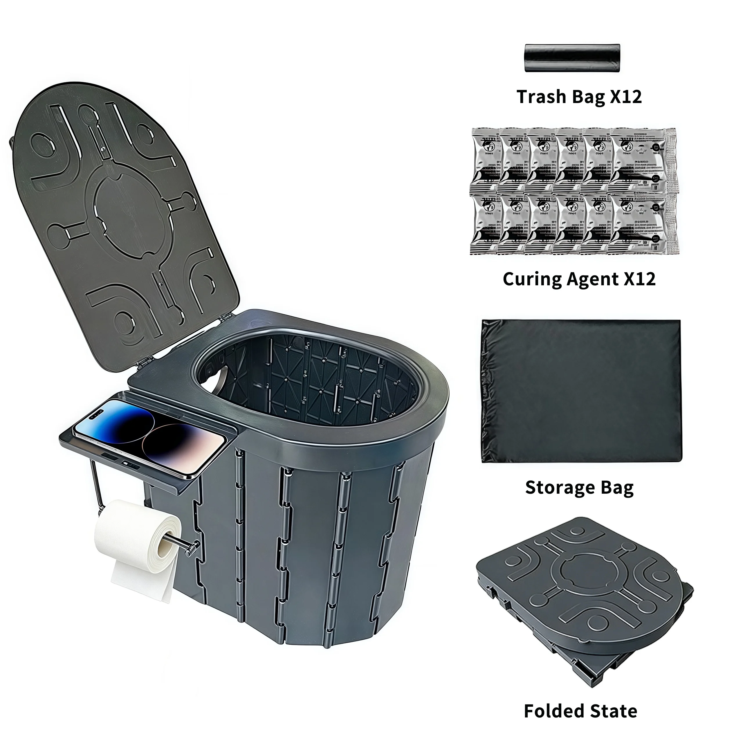 Portable Camping Toilet with Lid & Toilet Roll Holder Removable Seat Cushion&Phone Holder, for Camping Trips Car Indoor/Outdoor