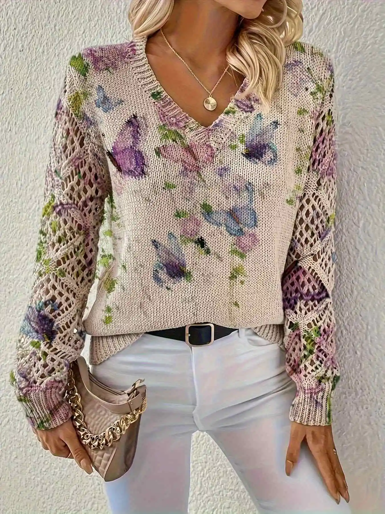 Spring Fashion New Style Pullover V-Neck Hollow-Out Long-Sleeve Women's Top with Butterfly Pattern Digital Print Trendy Women's Clothing
