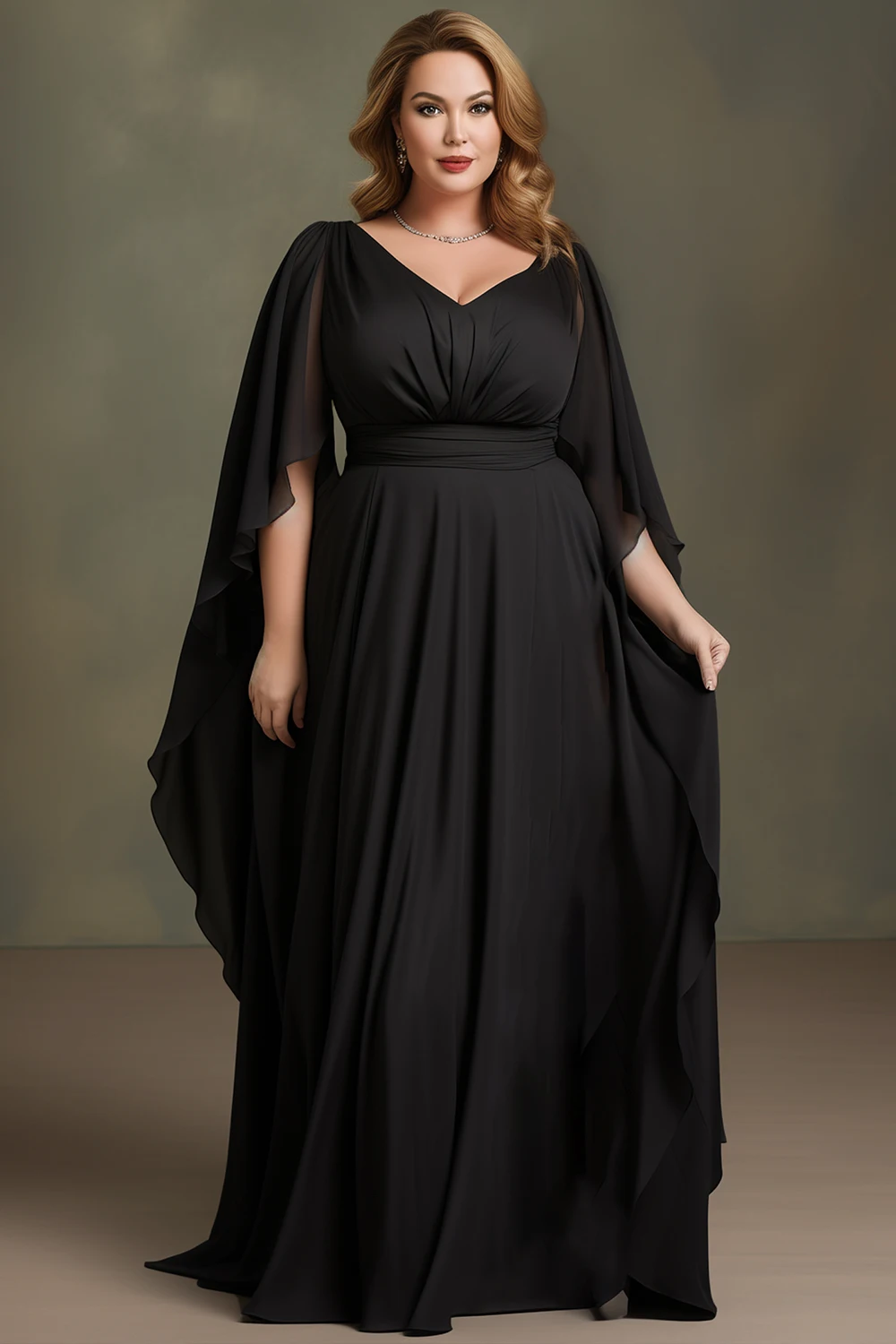 Flycurvy Plus Size Wedding Guest Black Chiffon Built-in Bra Irregular Flutter Sleeve Maxi Dress