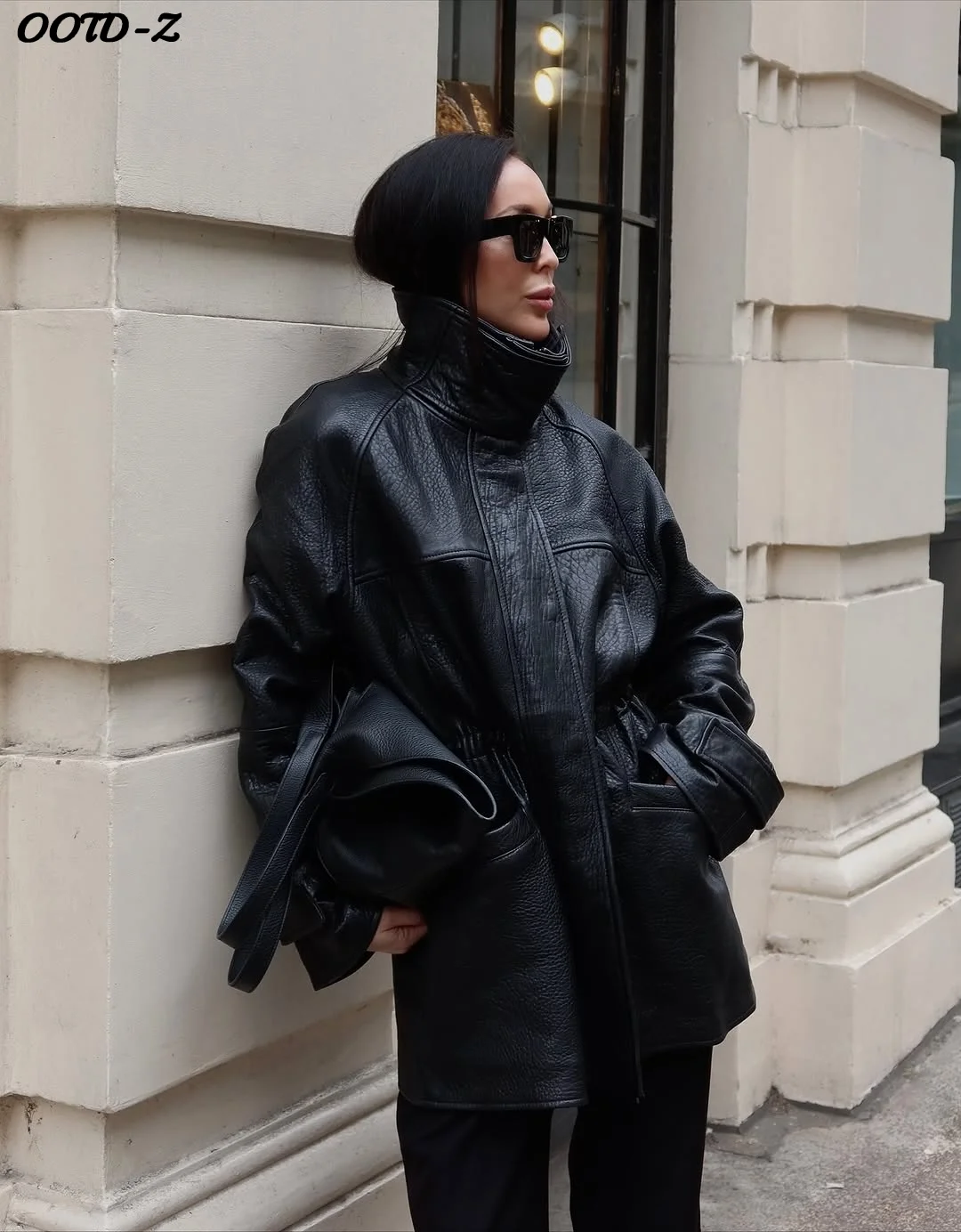 Street Black Leather Women Jacket Stand Collar Long Sleeve Zipper Waist Closed Pockets Female Coat 2026 Fashion Lady Outwear New