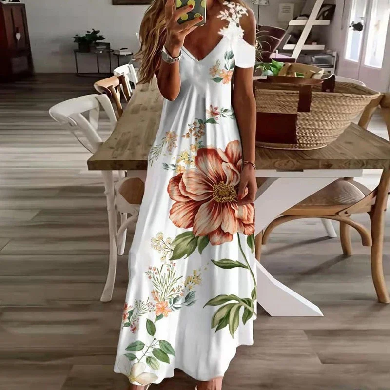 Women's Printed White Lace Sleeveless Suspender Dress Summer Fashion Casual Long Dress
