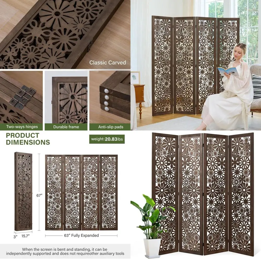 Carved 5.6ft Tall Daisy Privacy Room Divider - 4 Panel Brown Decorative Partition for Home or Office
