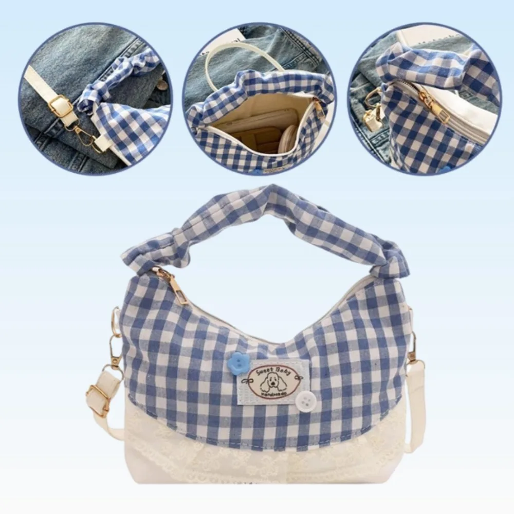 New Lace Plaid Patchwork Handbag French Bow Underarm Bag Small Versatile Cute Sweet Canvas Shoulder Bag Fashion Crossbody Bag