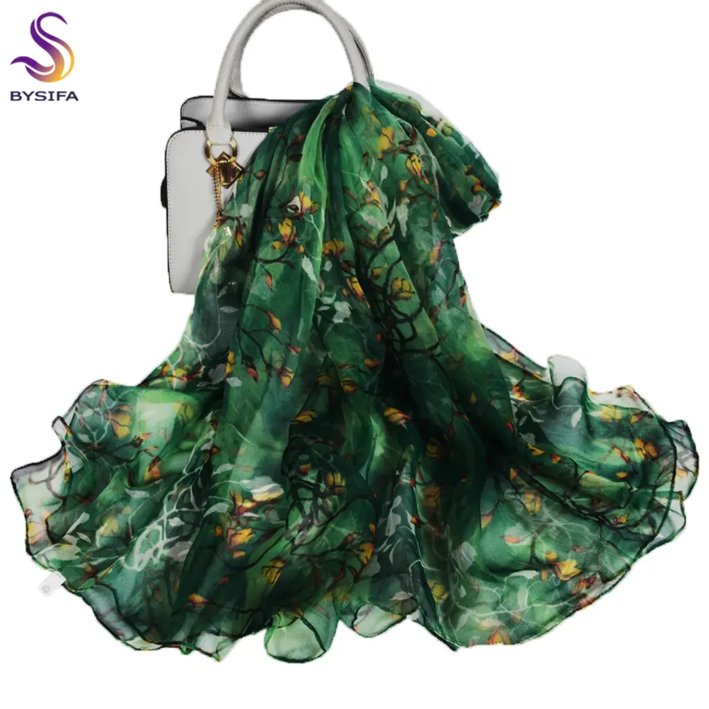 [BYSIFA] Jade Green Real Silk Long Scarf For Women Elegant Magnolia Design Brand 100% Silk Neck Scarves Wraps For Spring Autumn