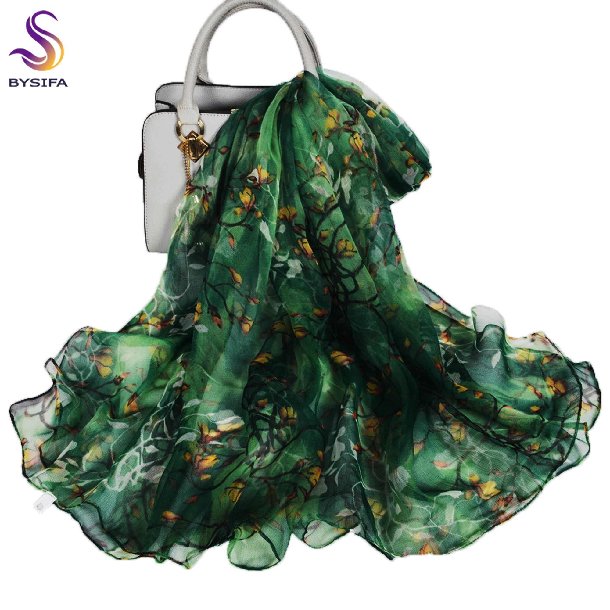 [BYSIFA] Jade Green Real Silk Long Scarf For Women Elegant Magnolia Design Brand 100% Silk Neck Scarves Wraps For Spring Autumn