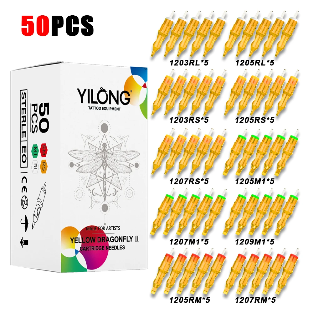 YILONG 50PCS Mixed Needle Professional Tattoo Cartridge Needles with Membrane Safety Cartridges Disposable Tattoo Needle