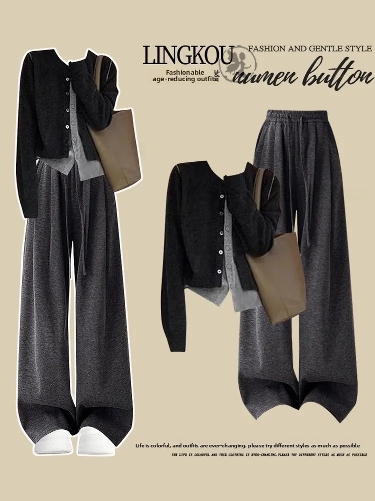 Korean Sle Women's Knitted Sweater Cardigan Casual Loose Fit Pants Two-Piece Set Autumn Faion Ensemble Long Sve round ...