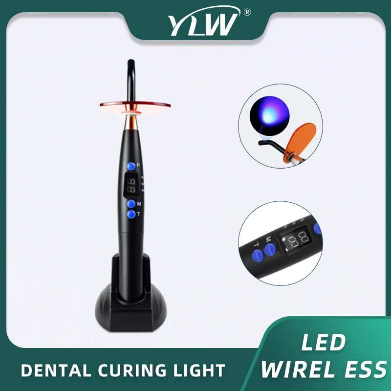 Dental Curing Light LED Wireless Cure Lamp Cordless Dentistry Machine Black 1200-1500mw/cm² Resin Cure Light 5s/3mm Rechargeable