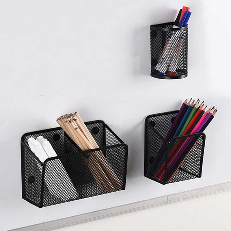 Magnetic Pencil Holder Stationery Storage Mesh Basket Desktop Pen Makeup Brush Container Kitchen Refrigerator Organizer
