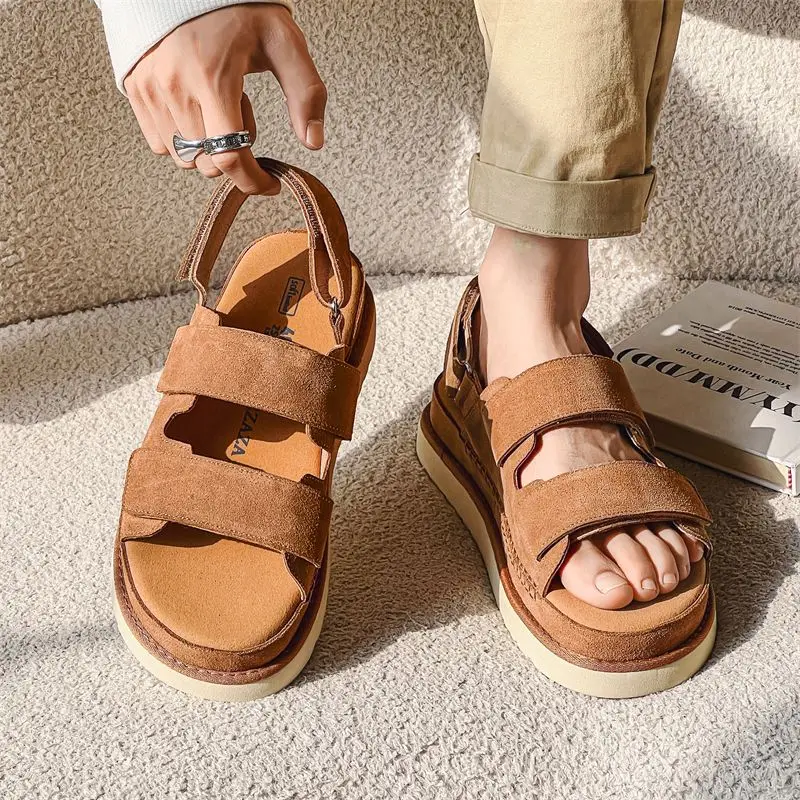 2025 Men Cowhide Non-Stuffy Feet Fashion Sandals Summer New Couple Thick Bottom Increased Super Soft Outdoor Slippers Women