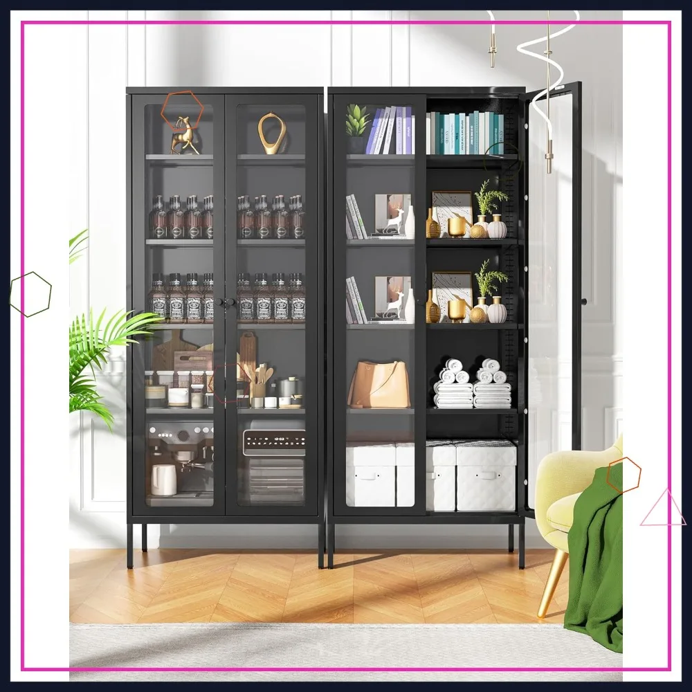 67" Black Glass Display Cabinet with Doors & 4 Adjustable Shelves, Tall Curio Storage for Home Office Living Room