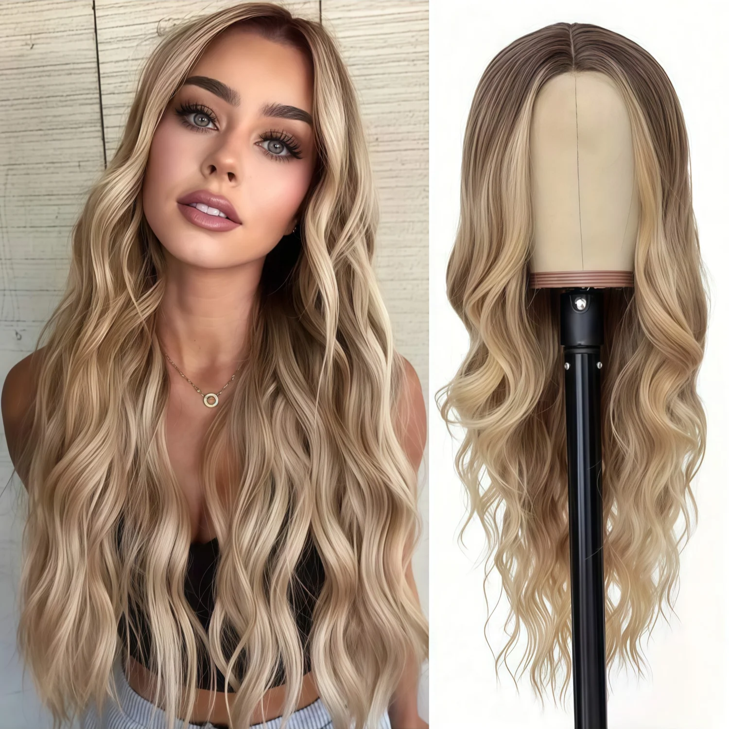 Fashionable gradient brown gold high gloss wig -66cm long loose wavy wig, heat-resistant synthetic fiber,Carnival