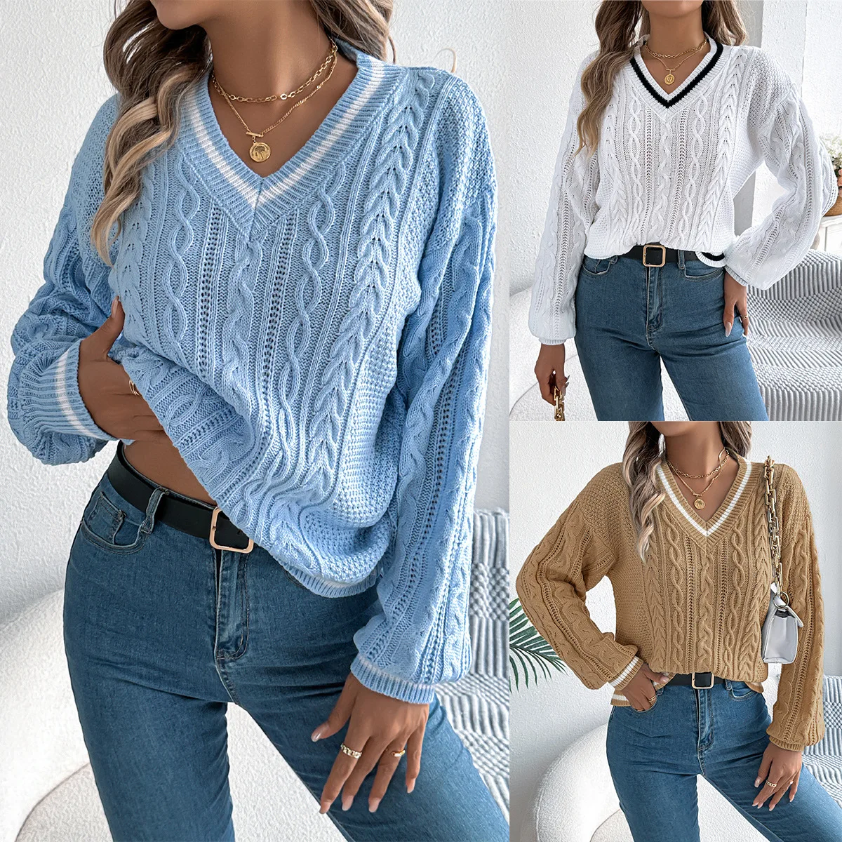 Women's V Neck Cable Knit Sweater Color Block Long Sleeve Loose Casual Knitted Pullover Jumper