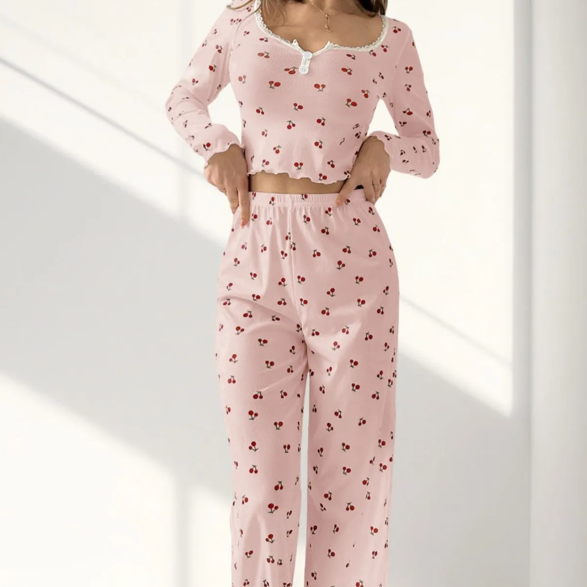 Cherry V-neck Sleepwear Set Women's Elastic Pants Home Clothes Casual Breathable Comfortable Polyester Fiber All Seasons
