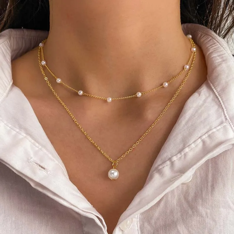 2026 New Fashion Gold Color Pearl Choker Necklace For Women Girl Simple Double Layer Neck Chain Necklace Jewelry Gift