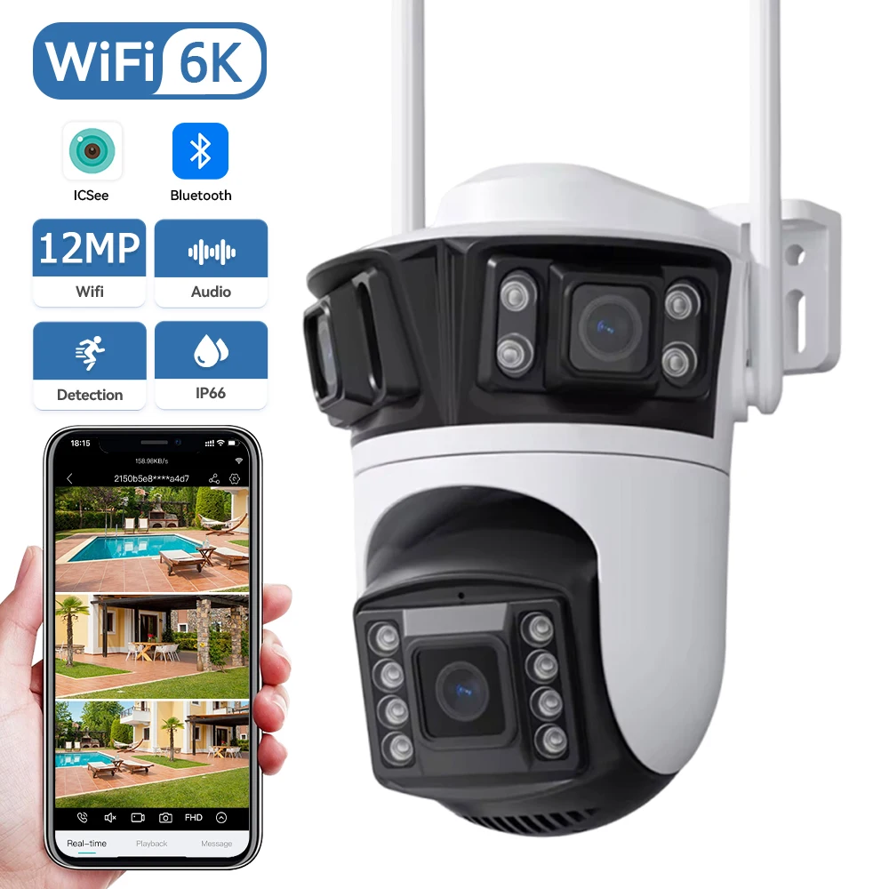 HD 6K 12MP Triple Lens Camera 6MP 3 Lens Outdoor Camera System AI Human Detection WiFi CCTV Waterproof Video Security iCsee App