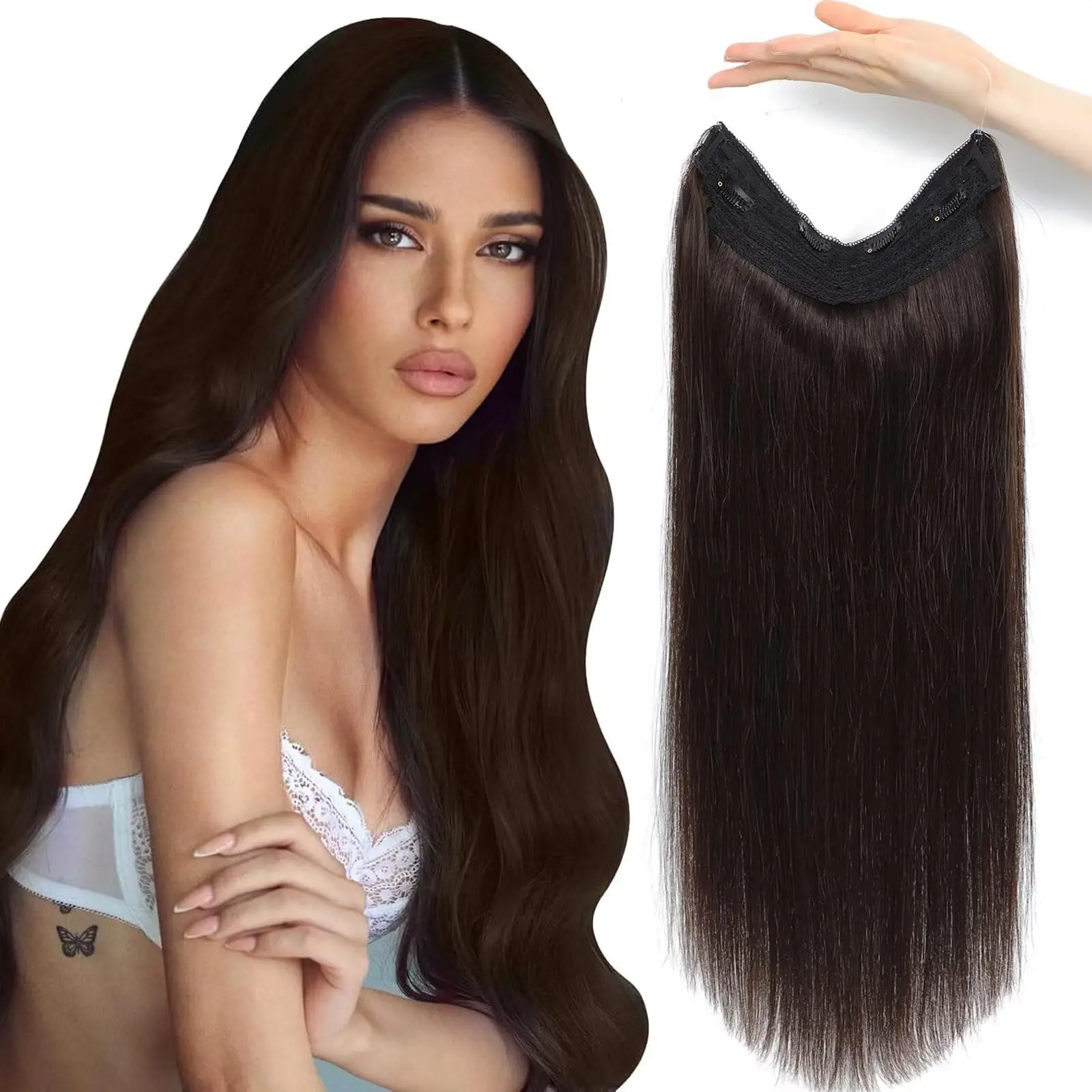 Invisible Wire Hair Extensions Real Human Hair Dark Brown Invisible Hair Halo Extensions for Women Adjustable Wire with Clips in