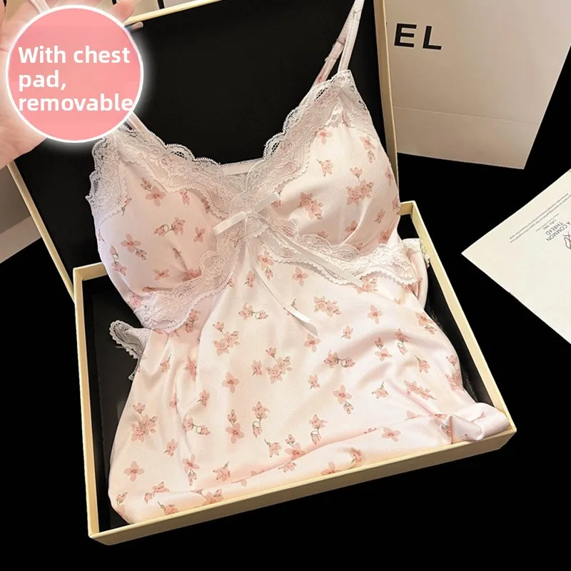 Sexy Lace Low Cut Thin Ice Silk Seductive Chemise Nightgown Home Comfortable Breathable V-neck Sleeveless Short Skirt