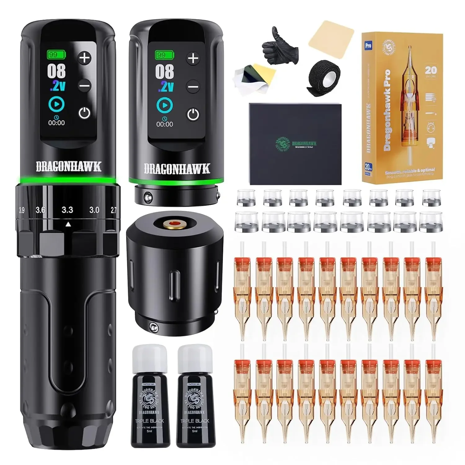 Dragonhawk L3 Tattoo Machine Guns Full Kit 7 Strokes 2000mAh Long Lasting Battery Life Tattoo Needles Complete Set for Beginners