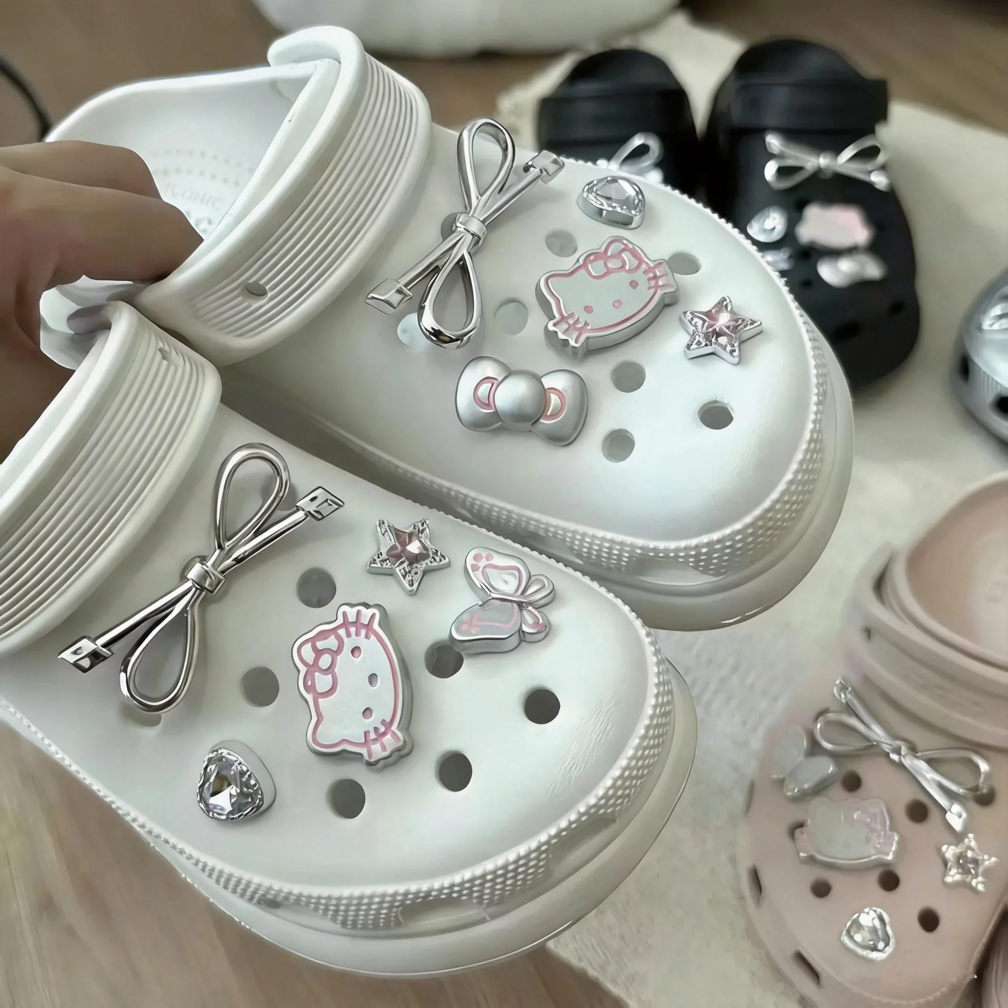 Hello Kitty Shoe Charms Set Silver Katie KT Cat Girls Women Sandals Accessories Hole Shoes Slippers & Clogs Decoration