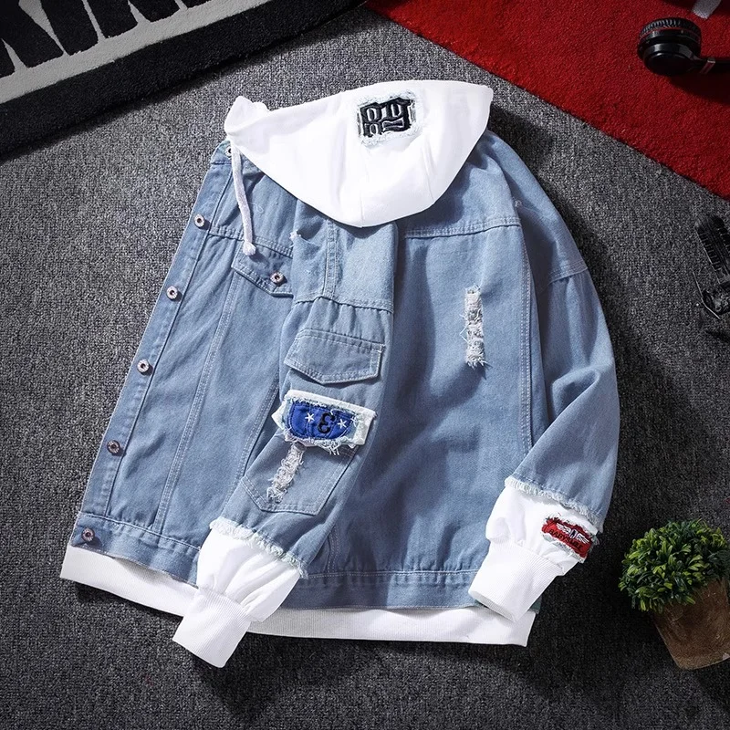 Autumn Men Fashion Casual Versatile Top Hat Jeans Coat Spring Autumn Style Couple Fake Two-piece Crop Top