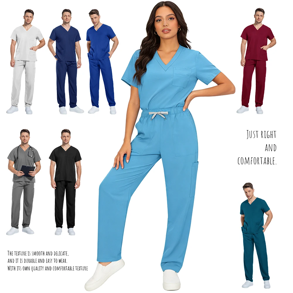 Wholesale Unisex Medical Scrub Set V-neck Short Sleeve Surgical Uniform Operating Room Dental Clinic Workwear for Doctor Nurse