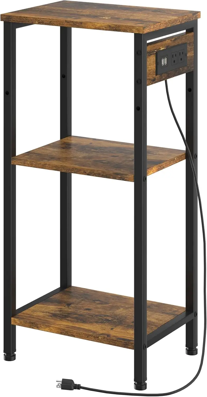 3-Tier Narrow Tall Nightstand with Charging Station, USB Ports and Outlets for Bedroom Living Room Office