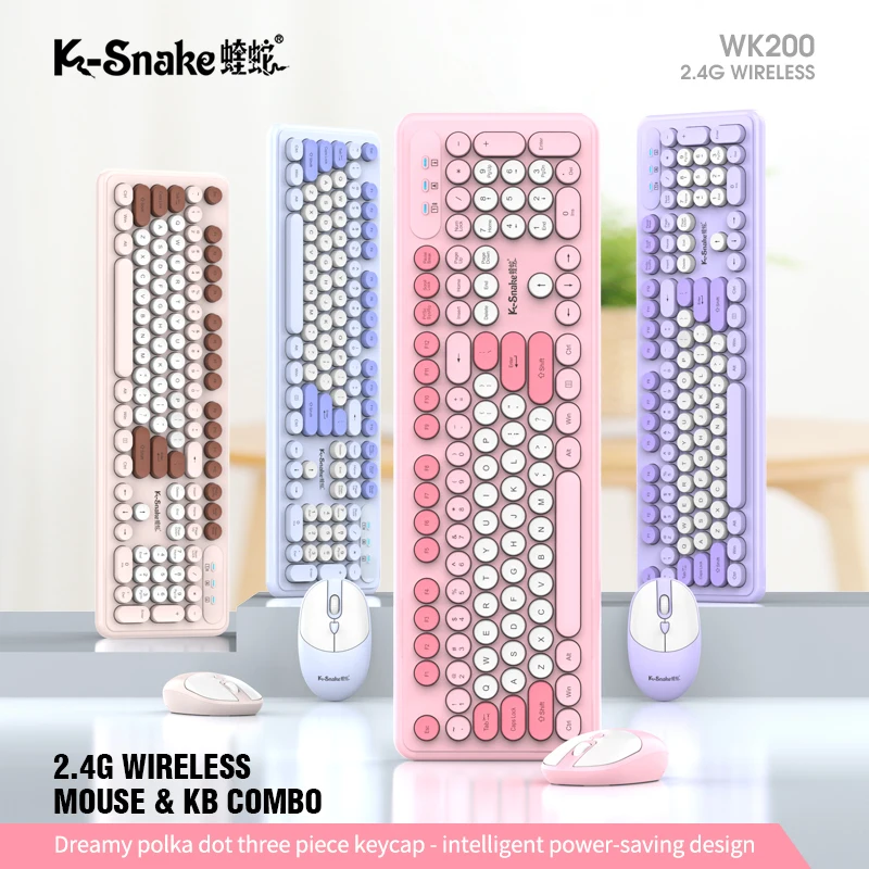 K-Snake WK200 Wireless Keyboard Mouse Set Cute Punk Keycap USB Wireless Business Keyboard Mouse Set Laptop Typing Office