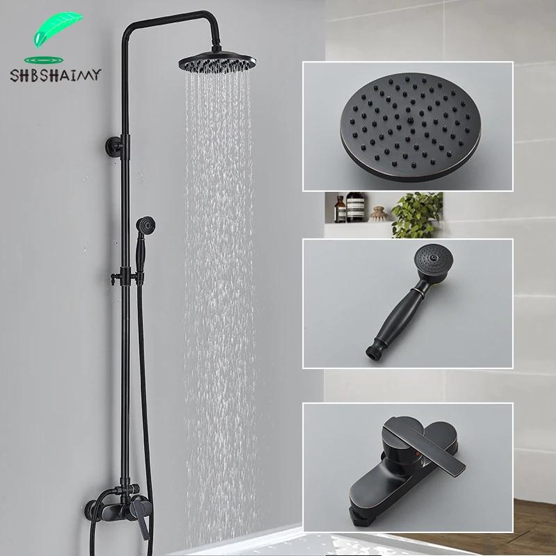 SHBSHAIMY Black Bronze Shower Faucet Antique Rainfall Shower Set Mixer Hot Cold Water Mixer For Bathroom Wall Mount Shower Tap