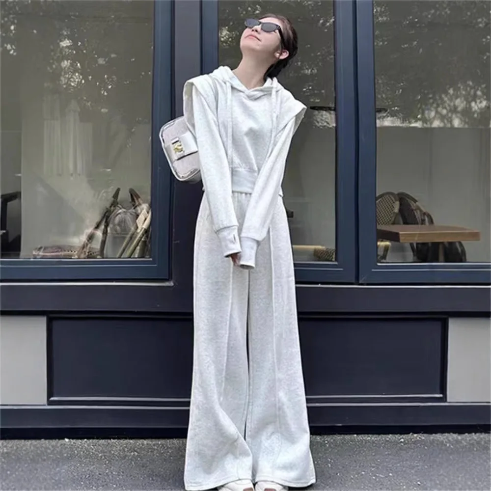 Fall Fashion Sportswear Set Women's Loose Wide Leg Pants Two-Piece Hoodie Outfit Stylish Casual Polyester Ensemble