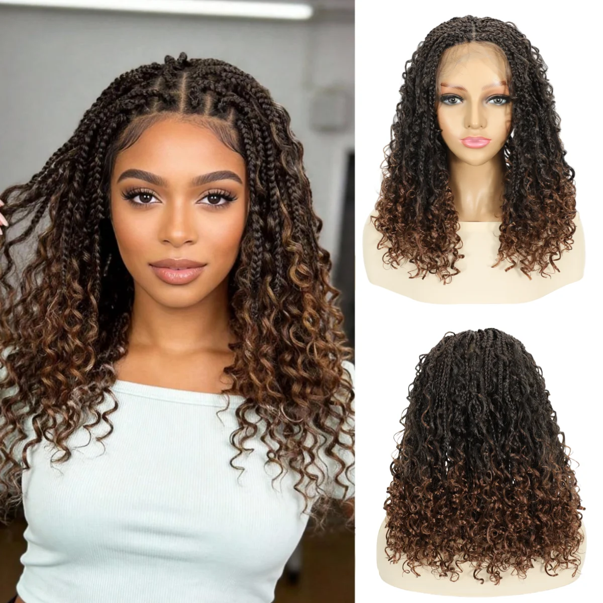 Knotless Box Braided Wigs with Curly Ends Synthetic Full Lace Braided Lace Wigs Short Boho Braided Bob Wigs for Black Women