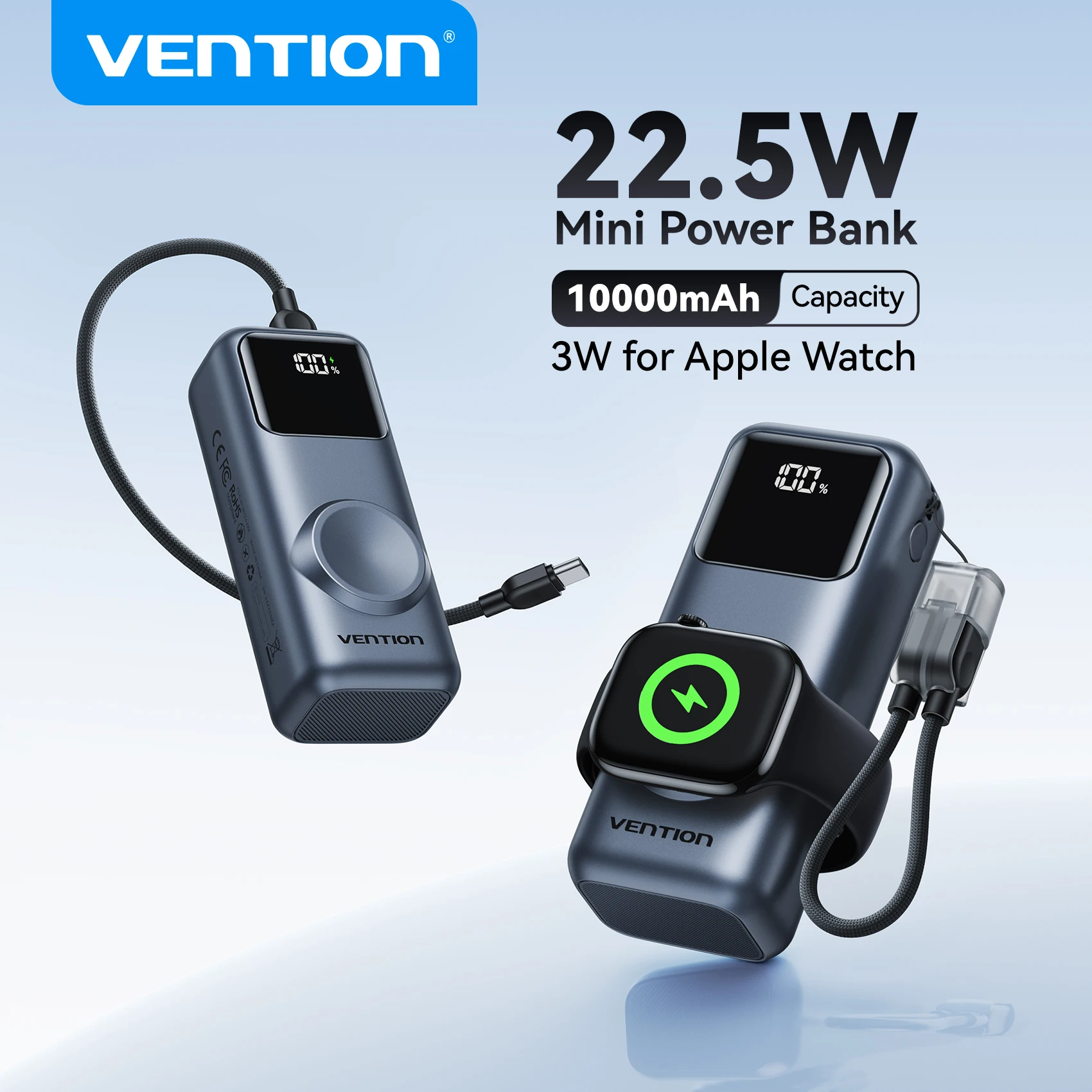 Vention 10000mAh Mini Power Bank 22.5W Fast Charging for iPhone 17 16 Magnetic Wireless Charger for Apple Watch Series 11 10 9