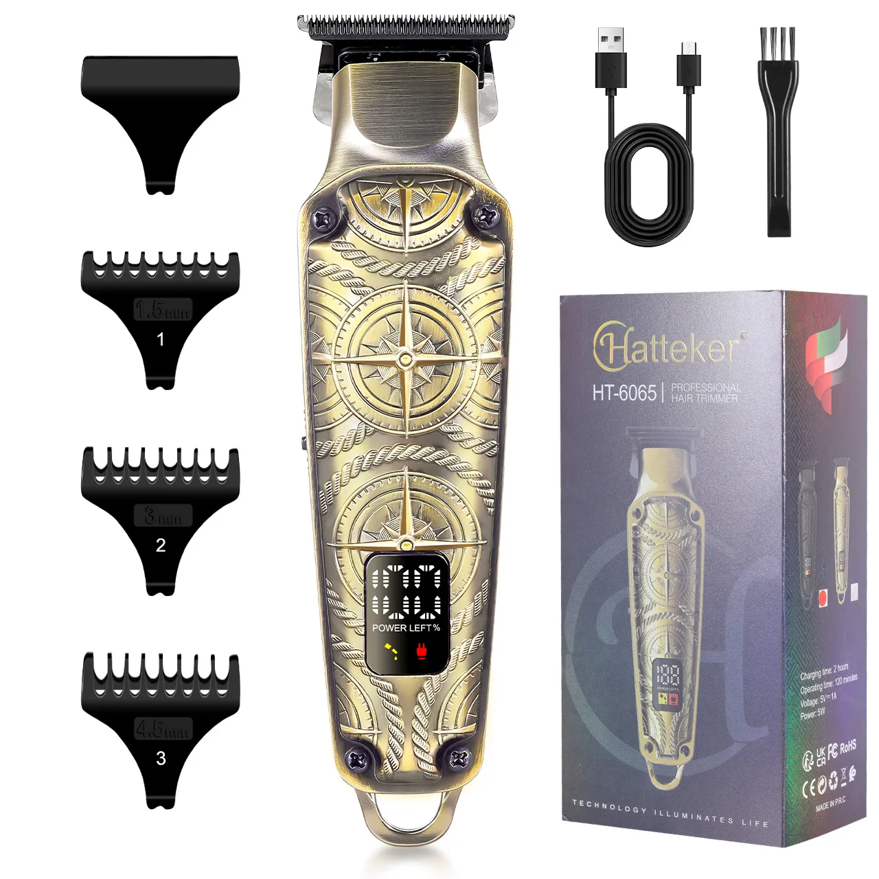 Hatteker Retro Hair Trimmer for Men USB Fast Charge 1200mAh LED Display Precision Clipper for Hair Carving Beard Grooming