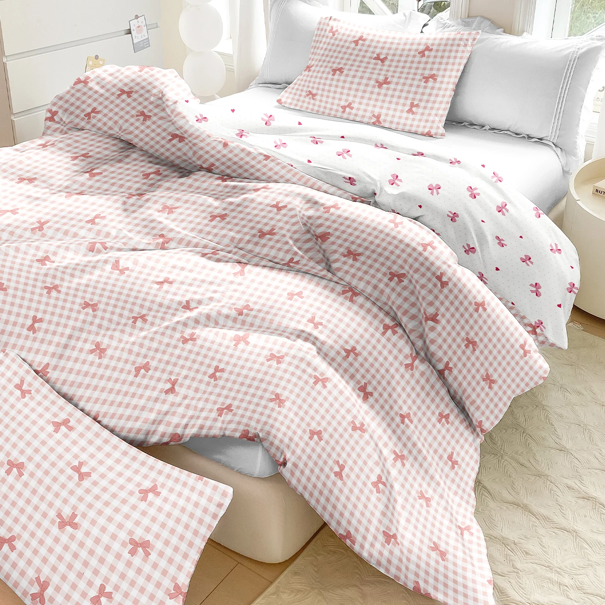 3pcs/set Plaid Bow Print Duvet Cover Set(1 Duvet Cover & 2 Pillowcase）Soft And Skin-Friendly Duvet Cover Bedding Set