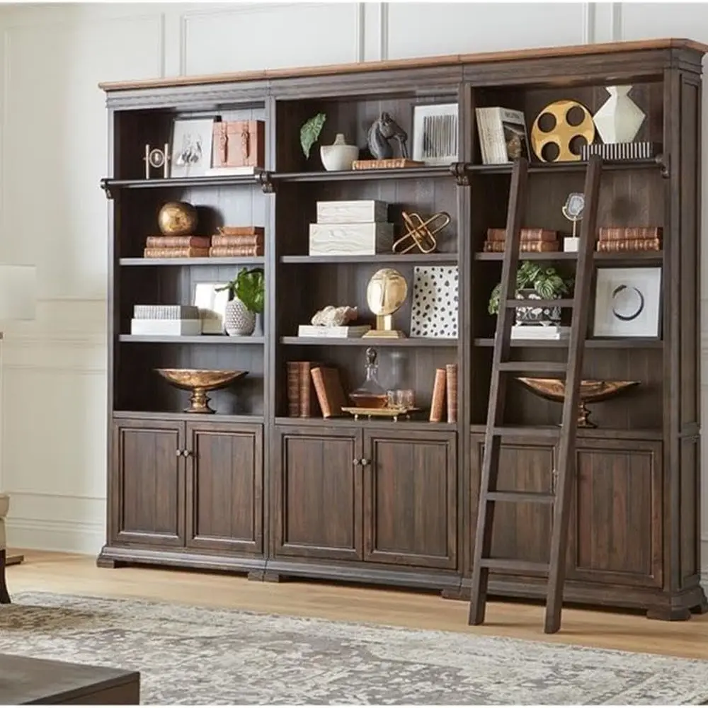 Brown Wooden Executive Ladder-Style Bookcase, Fully Assembled for Wall Mounting