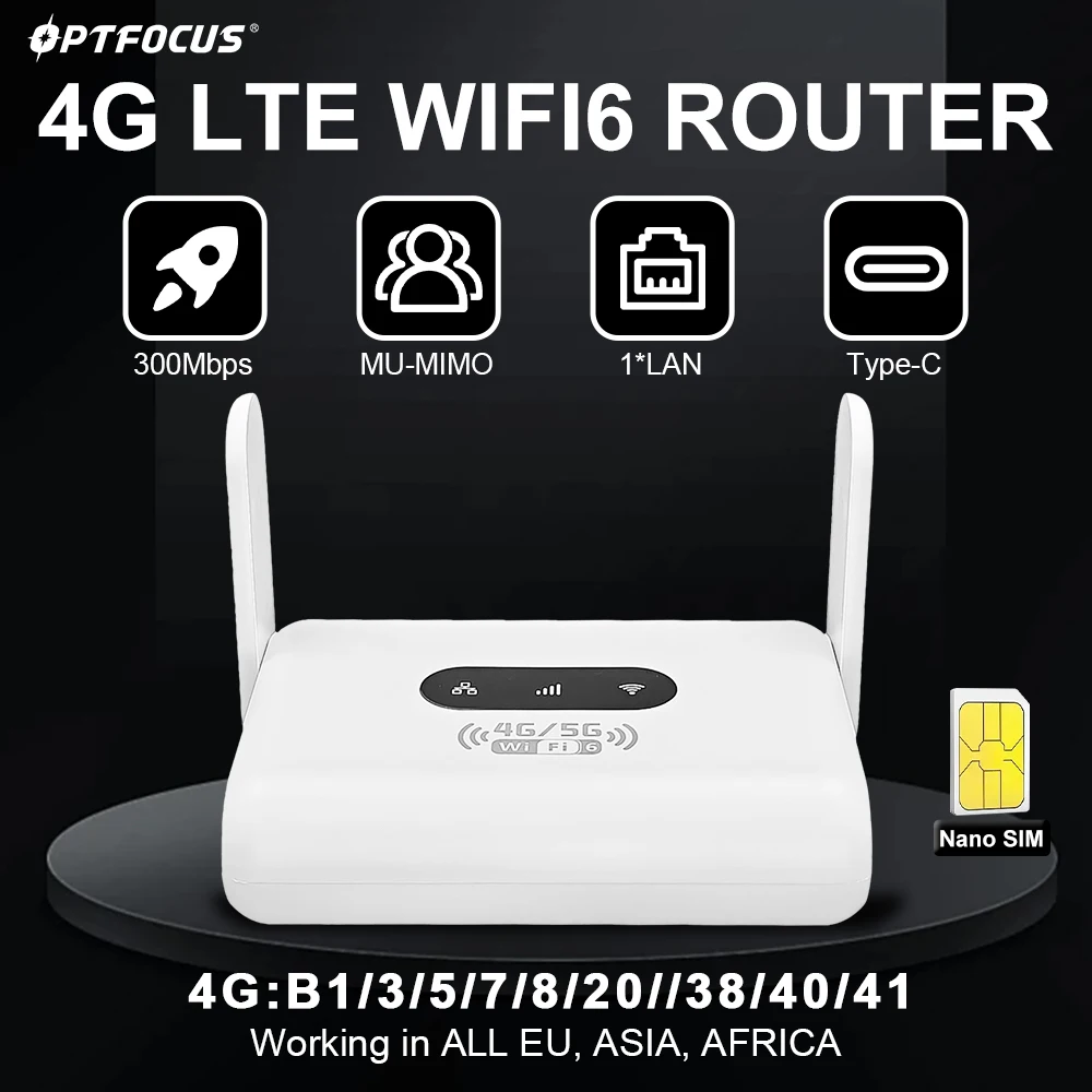 OPTFOCUS 4G WIFI6 LTE Router 300Mbps WIFI Modem Sim Card Router 1 LAN RJ45 Port Wireless Hotspot Sim CPE Router With 2 Antenna