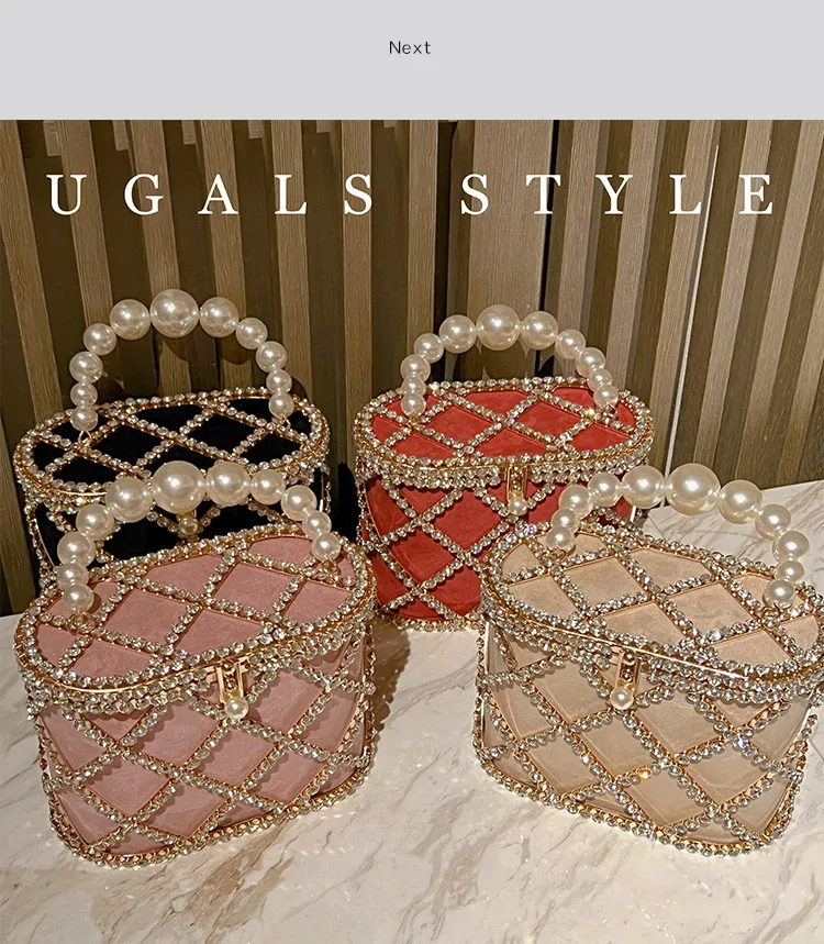 Women Handbag Luxury Rhinestones Diamond Evening Bag Hollow Pearl Beaded Metallic Cage Wedding Party Clutch Purse Shoulder Bag