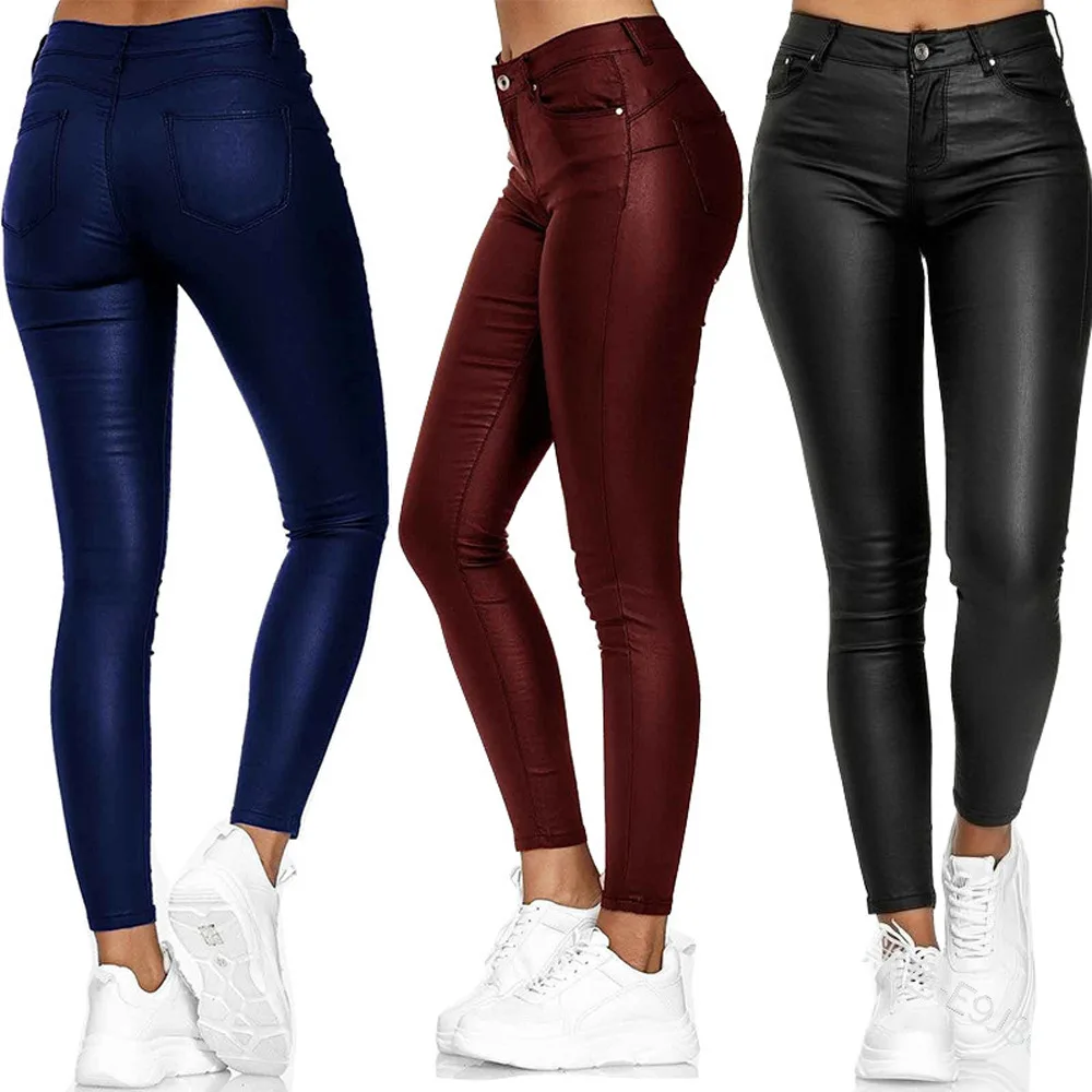 Spring and Autumn new fashion high waist pure color leather casual pants small leg pants leather pants long pants women