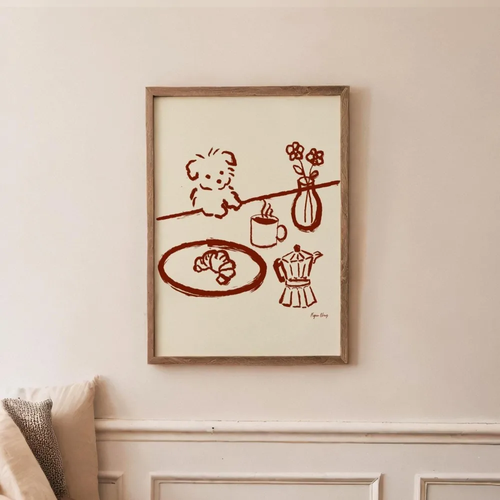 Abstract Coffee Wall Art, Sneaky Dog Kitchen Art, Scandi Breakfast Poster, Whimsical Animal Sketch, Wall Art, Dining Room Print