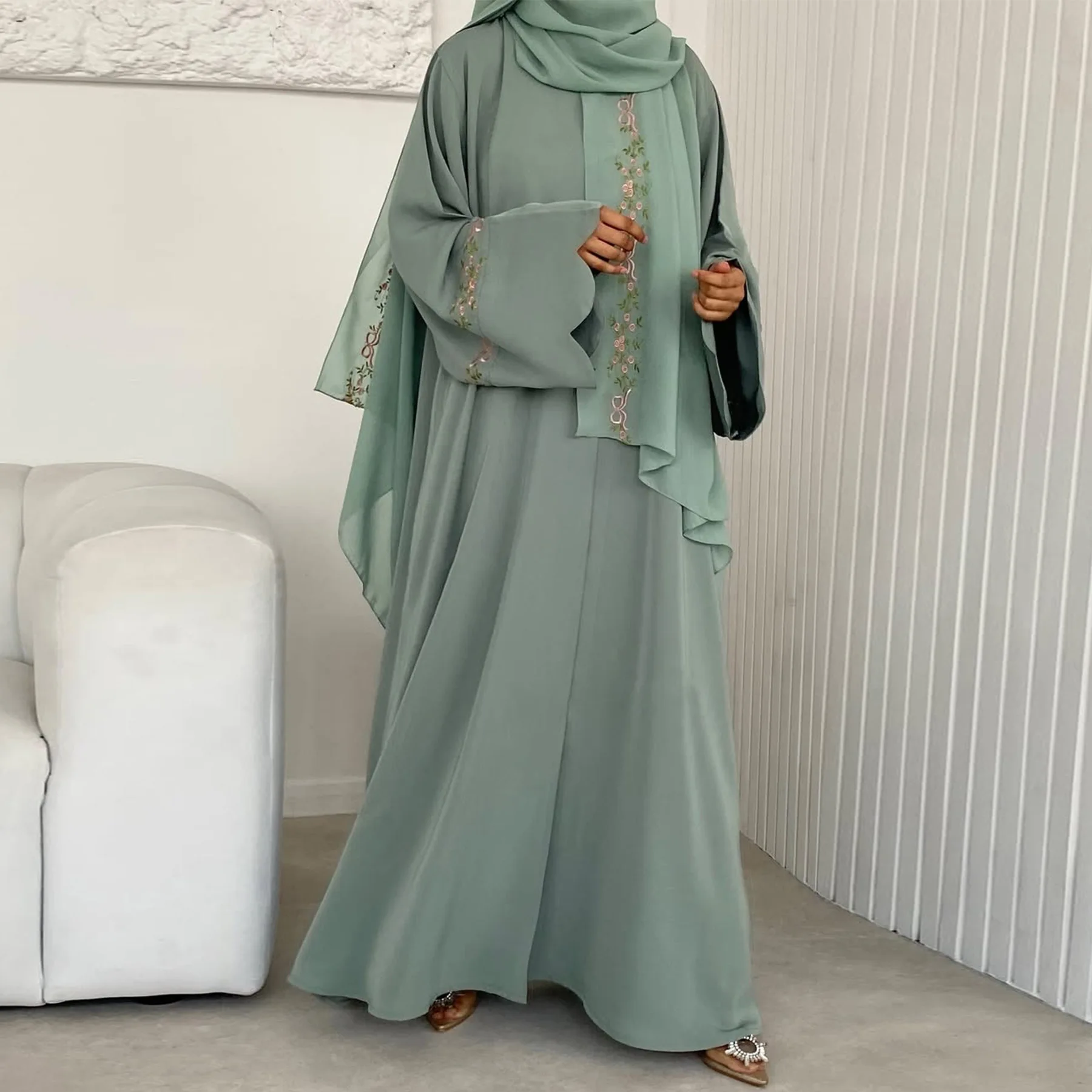 2025 Women's Dresses Embroidery Luxury Abaya Dubai Womens Clothing Front Open Abaya and Hijab 2 Piece Set Islamic Clothing