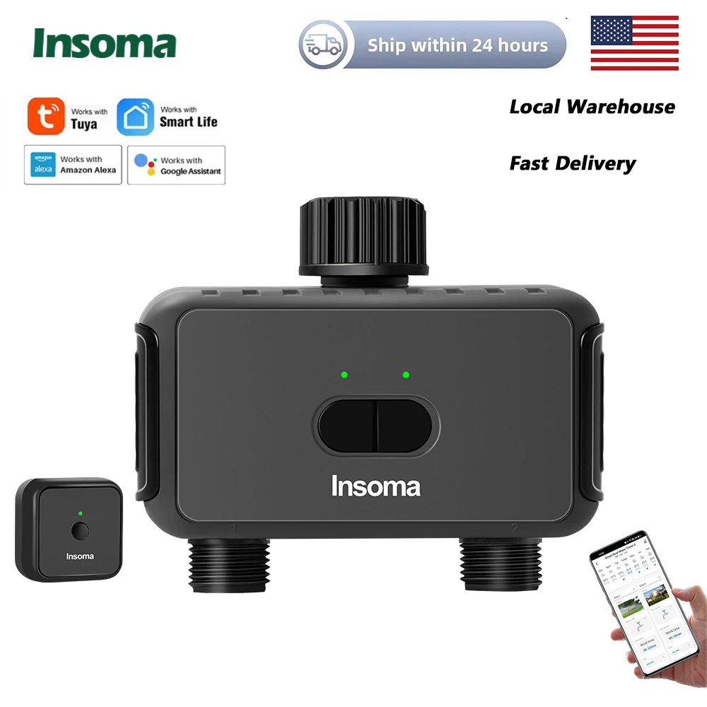Insoma Automatic Water Timer with Gateway Dual Hose Garden Irrigation Watering System Remote Sprinkler Programmer support Alexa